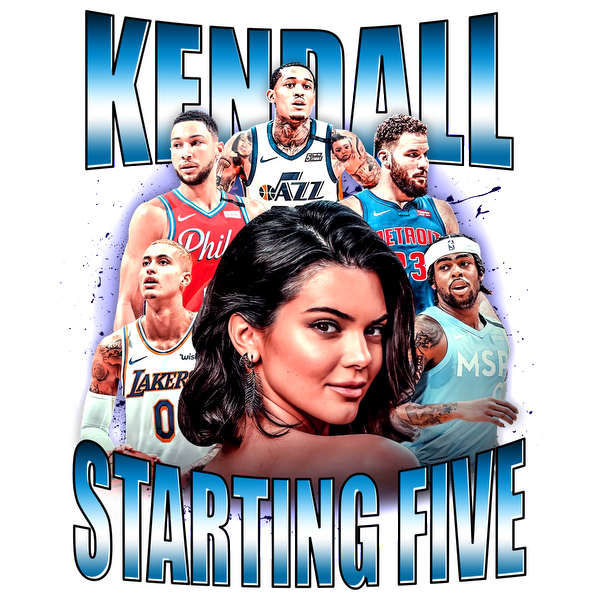 A vibrant graphic featuring Kendall surrounded by NBA players, celebrating a "Starting Five" theme with bold lettering and striking colors.DTF Transfers dtf prints