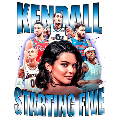 A vibrant graphic featuring Kendall surrounded by NBA players, celebrating a "Starting Five" theme with bold lettering and striking colors.DTF Transfers dtf prints