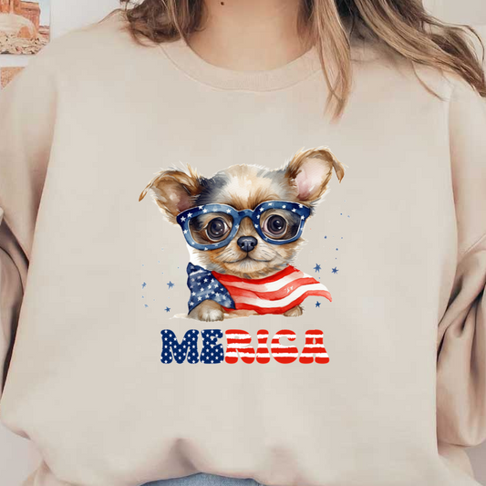 Un simpático cachorro de dibujos animados que usa anteojos y una capa con la bandera estadounidense, y que presenta el divertido texto "MERICA" debajo.