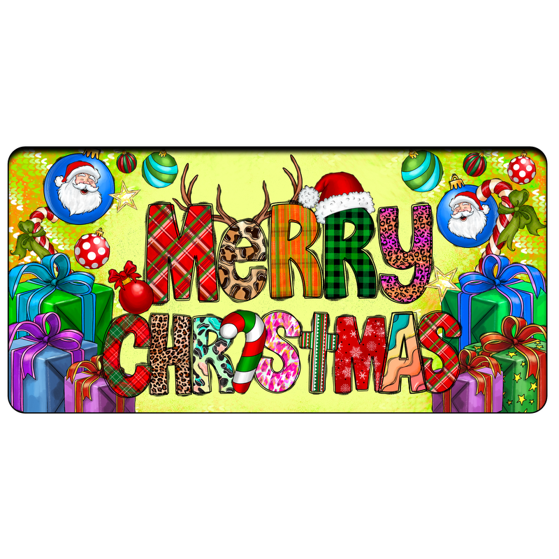 A vibrant, festive "Merry Christmas" graphic featuring colorful letters, Santa, and decorated gift boxes against a cheerful background.DTF Transfers dtf prints