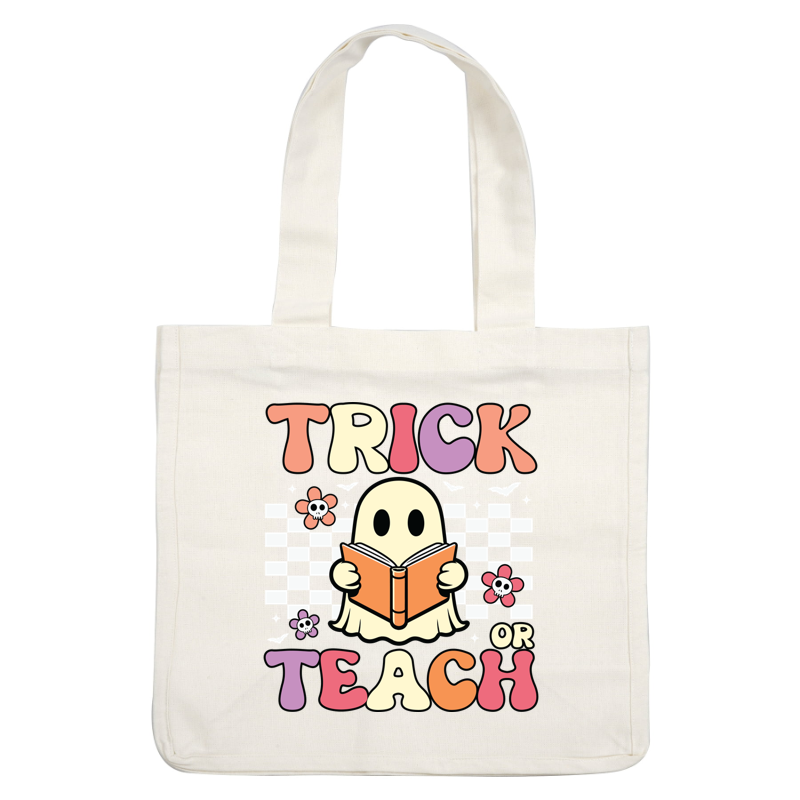 Un diseño divertido con temática de Halloween que presenta un fantasma que sostiene un libro con el texto "Trick or Teach" y elementos florales.