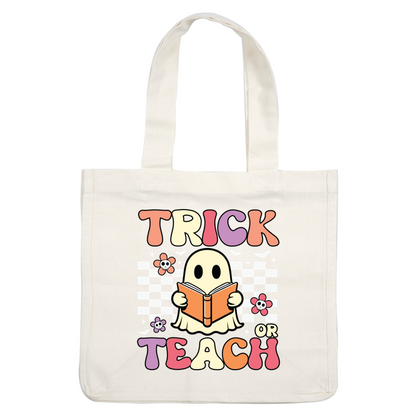 Un diseño divertido con temática de Halloween que presenta un fantasma que sostiene un libro con el texto "Trick or Teach" y elementos florales.