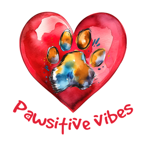 Un vibrante diseño de acuarela que presenta una colorida huella de pata dentro de un corazón, acompañada de la frase "Pawsitive vibes".