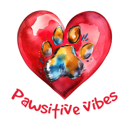 Un vibrante diseño de acuarela que presenta una colorida huella de pata dentro de un corazón, acompañada de la frase "Pawsitive vibes".