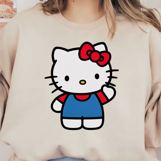 A cute, cartoon-style Hello Kitty character, wearing a red shirt and blue overalls, with a signature red bow.DTF Transfers heat press transfers