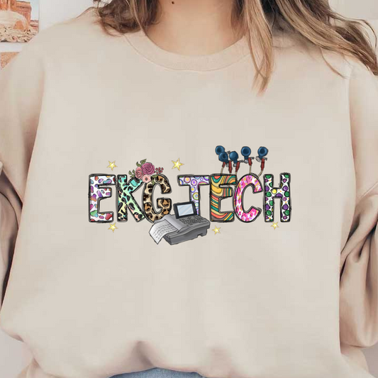 A colorful and playful design featuring the words "EKG TECH," complemented by a heart monitor machine and cute decorative elements.DTF Transfers dtf transfers