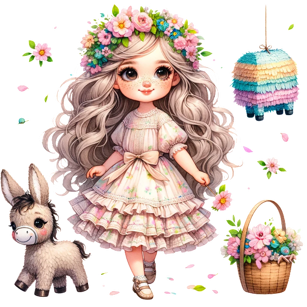 Una encantadora ilustración de una niña con un vestido floral, rodeada de un lindo burro, una piñata colorida y una canasta de flores.