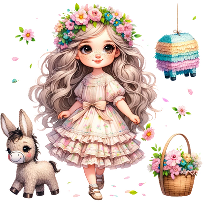 Una encantadora ilustración de una niña con un vestido floral, rodeada de un lindo burro, una piñata colorida y una canasta de flores.