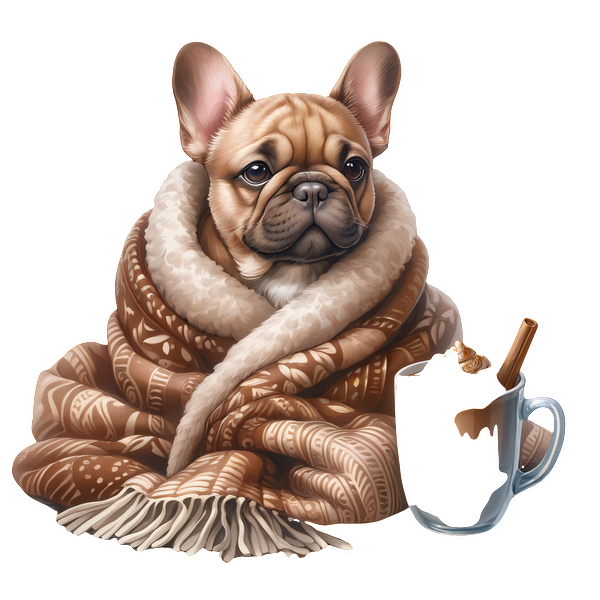 A cozy French Bulldog wrapped in a patterned brown blanket, sitting next to a warm mug with a cinnamon stick. dtf transfers