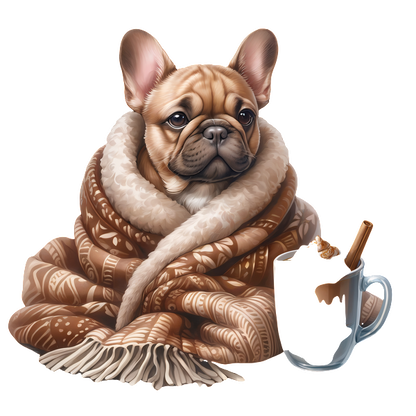 A cozy French Bulldog wrapped in a patterned brown blanket, sitting next to a warm mug with a cinnamon stick. dtf transfers