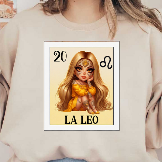 A charming illustration of a girl in a yellow outfit with intricate tattoos, representing the Leo zodiac sign.dtf regular iron