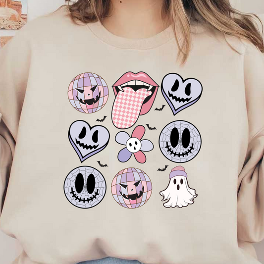 Una colorida colección de divertidas pegatinas con temática de Halloween que incluyen sonrisas fantasmales, corazones y un diseño de lengua atrevido.