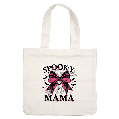 Un gráfico divertido que presenta un lazo rosa y negro con el texto "Spooky Mama", perfecto para prendas o decoración con temática de Halloween.