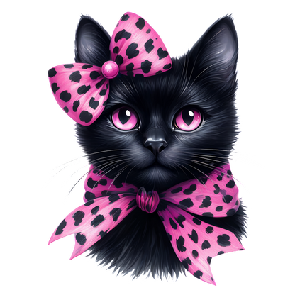 Un elegante gato negro con ojos de color rosa vibrante, adornado con un divertido lazo rosa y una bufanda con lunares para una apariencia elegante.