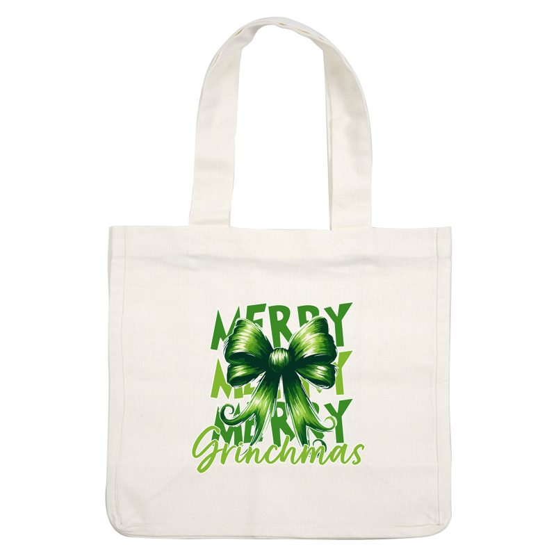 A festive design featuring a lush green bow with the playful message "Merry Grinchmas" in bold lettering.dtf regular iron