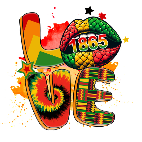 Vibrant graphic featuring the word "LOVE" with artistic elements, including a colorful lip print and a bold year "1865."