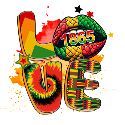 Vibrant graphic featuring the word "LOVE" with artistic elements, including a colorful lip print and a bold year "1865."