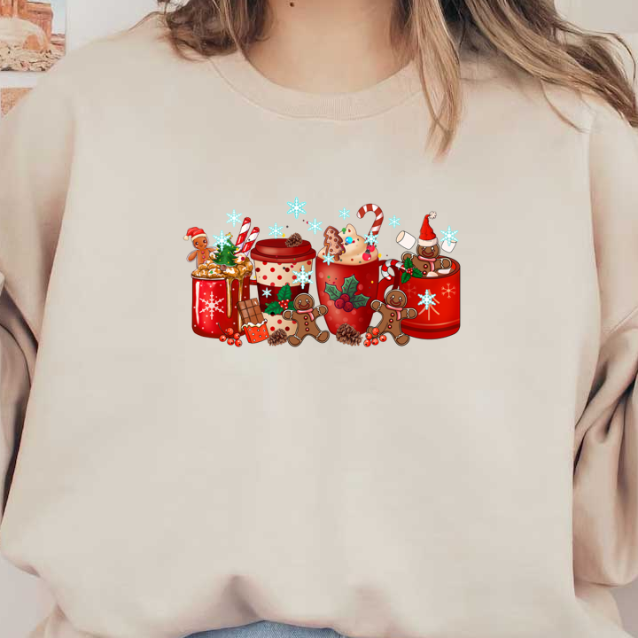 A festive arrangement of colorful holiday mugs, adorned with gingerbread men, candy canes, and sweet toppings, perfect for celebrating winter. heat press transfers