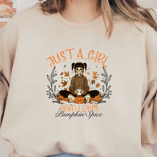 A whimsical design featuring a skeleton girl in a cozy sweater, surrounded by pumpkins and autumn leaves, celebrating her love for fall. dtf prints