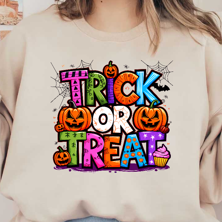 Colorful "Trick or Treat" Halloween graphic featuring pumpkins and festive elements.DTF Transfers