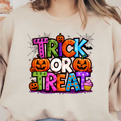 Colorful "Trick or Treat" Halloween graphic featuring pumpkins and festive elements.DTF Transfers