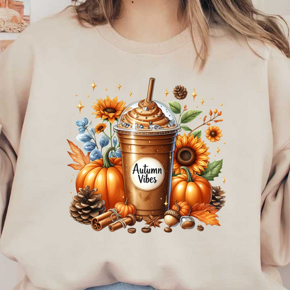 Delight in the autumn spirit with this creamy caramel coffee frappe, surrounded by pumpkins, sunflowers, and fall decorations. dtf transfers