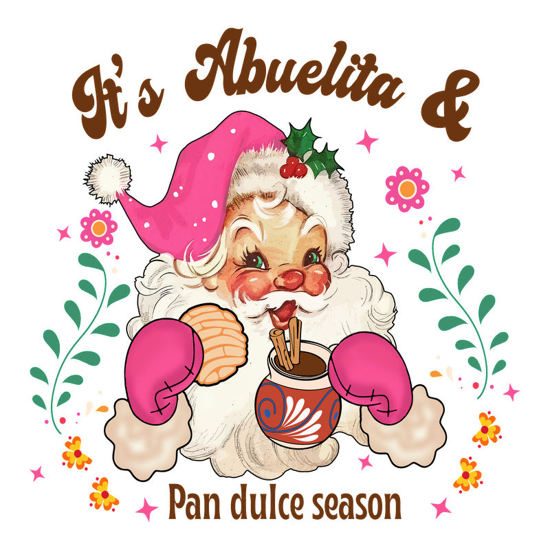 Celebrate the holiday spirit with this adorable illustration of a cheerful Santa-style abuelita, embracing the sweet "Pan Dulce" season!DTF Transfersdtf regular iron dtf prints