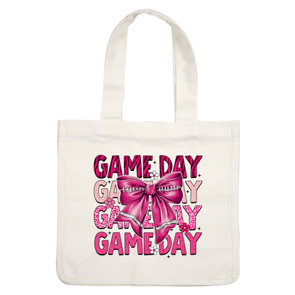 Bright and fun "Game Day" graphic featuring a pink bow and playful lettering, perfect for sports enthusiasts celebrating game day! dtf transfers