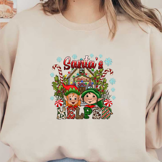 A cheerful holiday design featuring two playful elves, colorful candy canes, and festive elements adorned with "Santa's Helper."DTF Transfersdtf regular iron heat press transfers