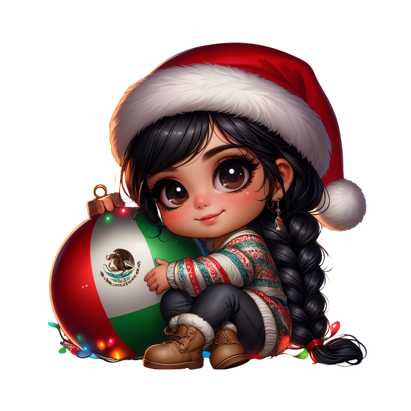 A cheerful girl in a Santa hat holds a colorful ornament representing Mexico, dressed in a festive sweater and cozy boots.DTF Transfers dtf transfers