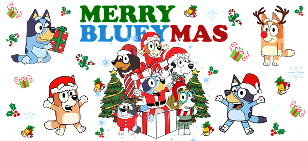 Celebrate the festive season with the cheerful characters from "Bluey," decked out in holiday attire amid Christmas decorations!UV Transfersdtf regular iron