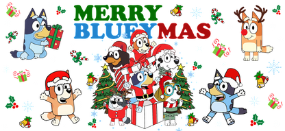 Celebrate the festive season with the cheerful characters from "Bluey," decked out in holiday attire amid Christmas decorations!UV Transfersdtf regular iron