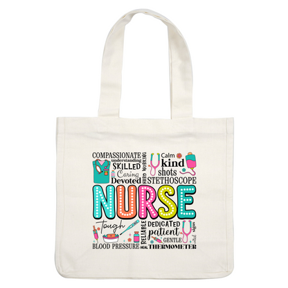 A colorful and playful design featuring the word "NURSE," surrounded by fun illustrations of medical tools and supplies.DTF Transfers