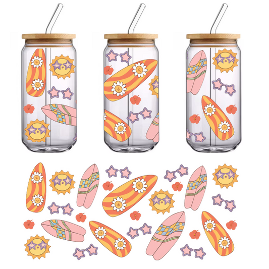 A vibrant, playful pattern featuring colorful surfboards, smiling suns, and whimsical flowers, perfect for a beachy vibe!UV Transfers dtf transfers