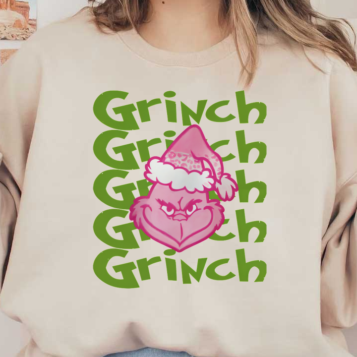 A playful pink Grinch character wearing a festive hat stands against a backdrop of bold green "Grinch" text.DTF Transfersdtf regular iron