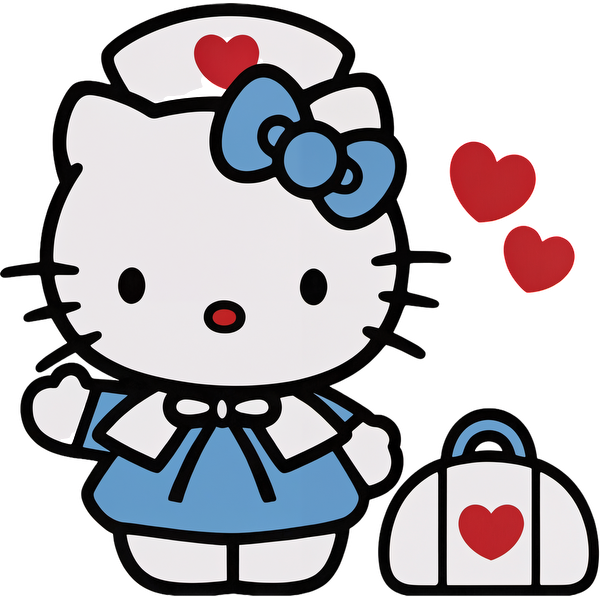 This adorable Hello Kitty character is dressed as a nurse, featuring a blue outfit and a matching bag with a heart.DTF Transfers