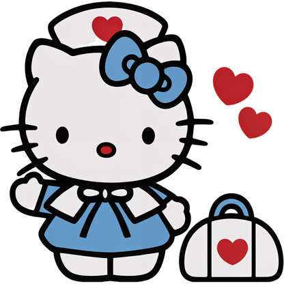 This adorable Hello Kitty character is dressed as a nurse, featuring a blue outfit and a matching bag with a heart.DTF Transfers