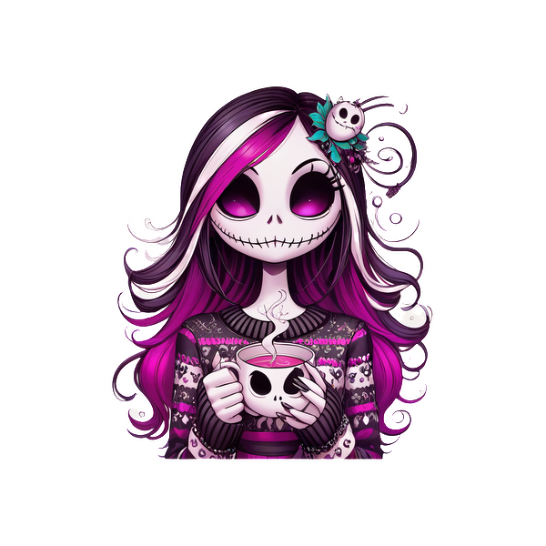 A whimsical character with skull features enjoys a steaming cup topped with a skull, adorned in a cozy sweater.DTF Transfers dtf prints