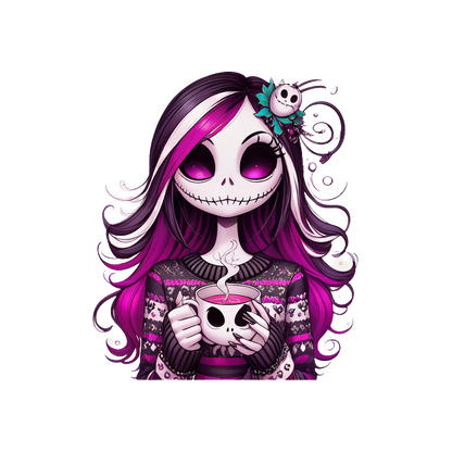 A whimsical character with skull features enjoys a steaming cup topped with a skull, adorned in a cozy sweater.DTF Transfers dtf prints