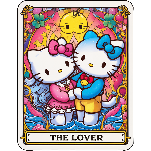 This vibrant illustration features Hello Kitty and her friend as "The Lover," surrounded by colorful, whimsical designs.DTF Transfers