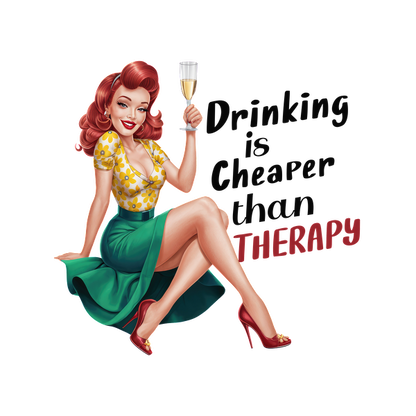 Una alegre ilustración de estilo retro que muestra a una mujer con un top de lunares y una falda verde, sosteniendo un cóctel con la frase "Beber es más barato que la terapia".