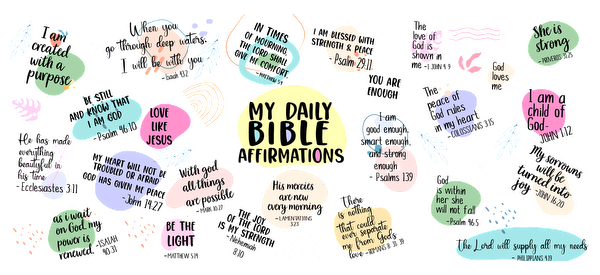 My Daily Bible Affirmations notebook with colorful illustrations.UV Transfers