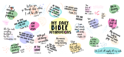 My Daily Bible Affirmations notebook with colorful illustrations.UV Transfers