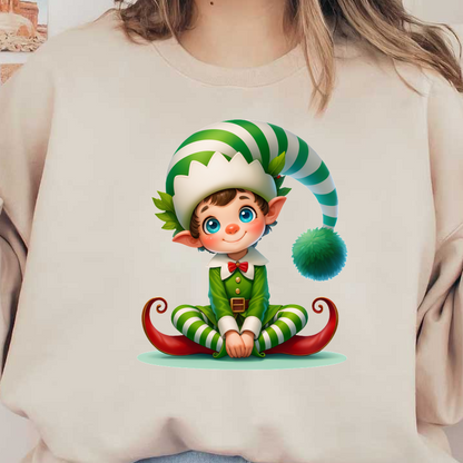 A cheerful young elf in a striped green and white outfit, complete with a playful hat and a big smile.DTF Transfers heat press transfers