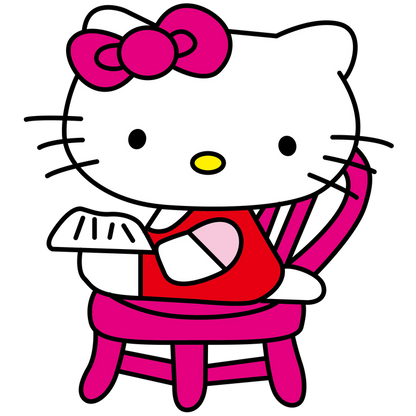 Hello Kitty is seated on a vibrant pink chair, holding a piece of paper and wearing her signature red dress and pink bow.DTF Transfers