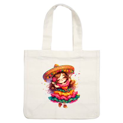 A cheerful girl in a vibrant, ruffled dress and a colorful sombrero, celebrating with joy and charm. heat press transfers