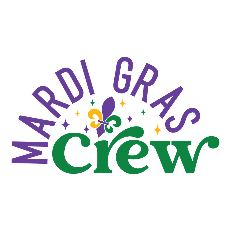 Vibrant "Mardi Gras Crew" graphic featuring colorful lettering and a playful design with festive elements, perfect for celebrations!DTF Transfers