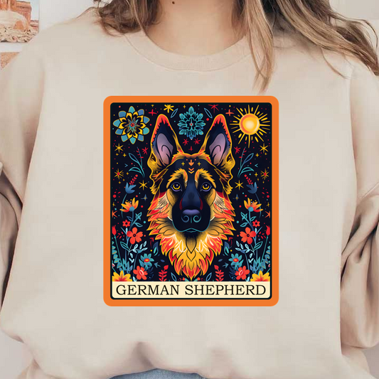Vibrant and colorful illustration of a German Shepherd surrounded by flowers and stars, capturing a whimsical and artistic style.