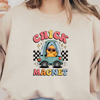A playful illustration features a cute chick wearing heart-shaped sunglasses, sitting in a teal toy car with colorful "Chick Magnet" text.DTF Transfers