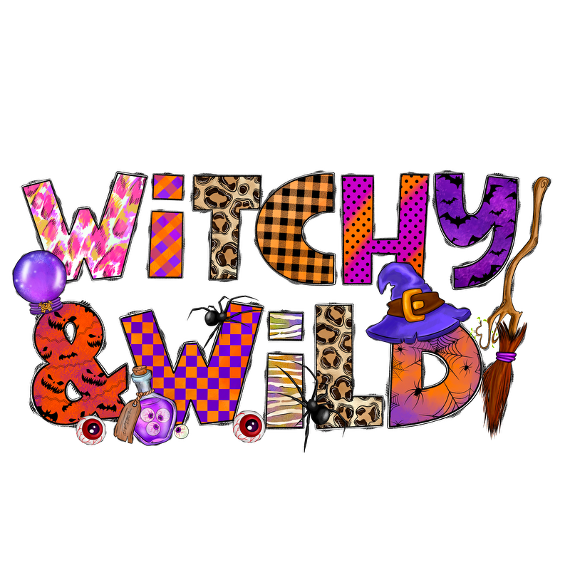 Celebrate the festive spirit with this colorful Halloween-themed design featuring the playful phrase "Witchy & Wild" and whimsical elements!DTF Transfersdtf regular irondtf regular iron